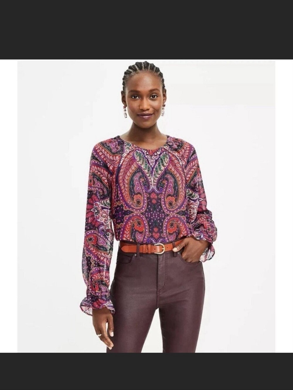 LOFT Paisley Print Long-Sleeve Blouse in Purple Multi